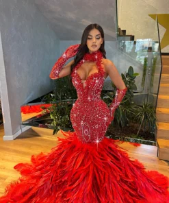 Alternative view of Halter Mermaid Crystal Dress with Feathered Train & Gloves