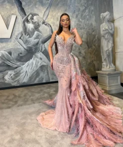 Alternative view of Lemaurie-Blush Pink Embellished Dress with Feathered Side Train